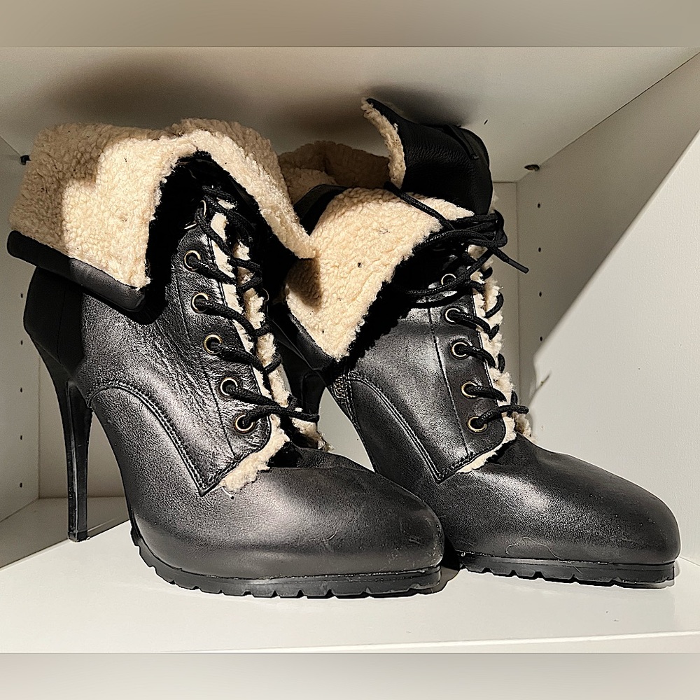 Black Leather and Faux Shearling Lace-up Boot Heels.